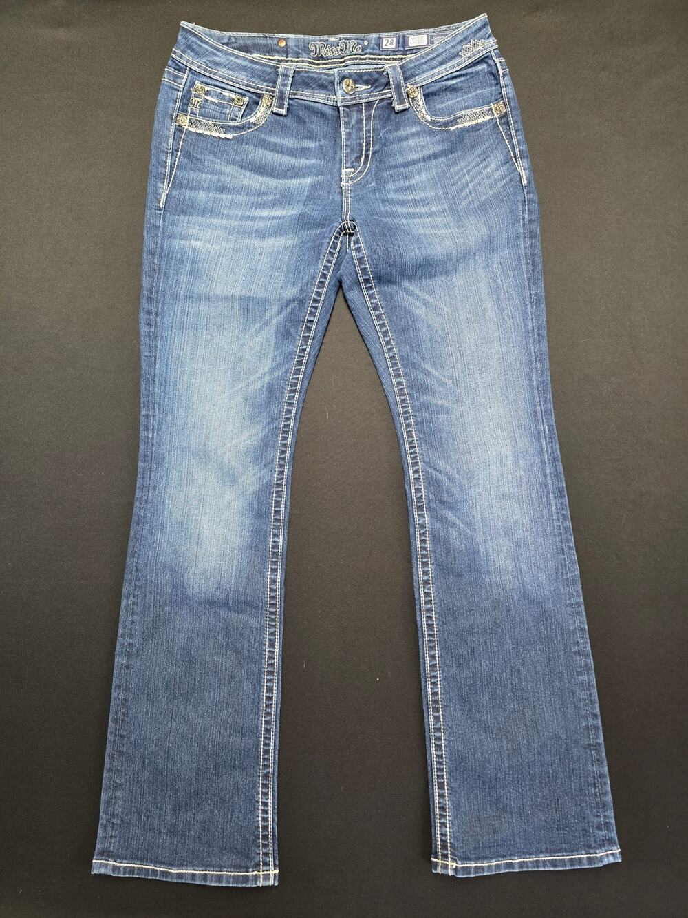 Miss Me Jeans Womens 28 Bootcut Dark Wash Stretch Embellished Pocket 33 Inseam